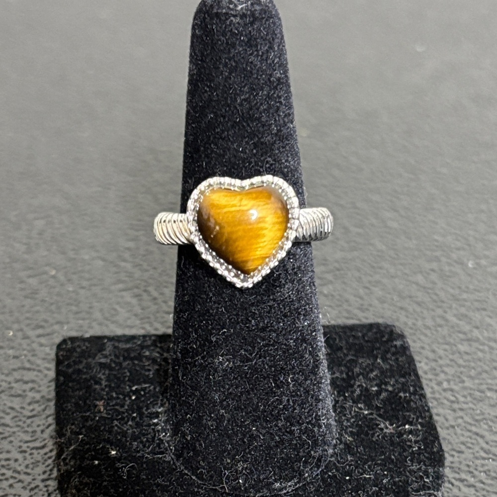 Tigers Eye Heart Stretch Silver Tone Ring